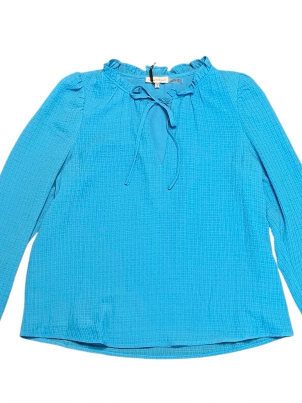 Calvin Klein Blue Textured Long Sleeve V Neck Ruffle Blouse NWT Ladies Medium